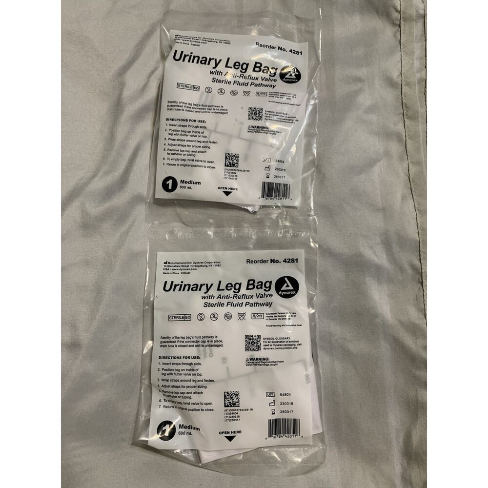 Dynarex Urinary Leg Bag Anti Reflux Valve Pathway #4281 Medium 600mL (2 Pk)
